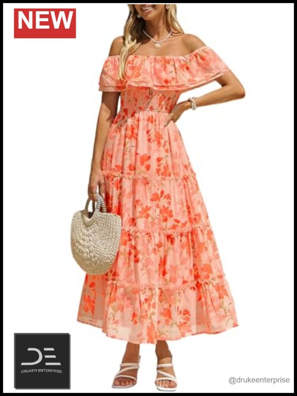 Womens Floral Chiffon Maxi Dress Off Shoulder Smocked Tiered Wedding Guest
